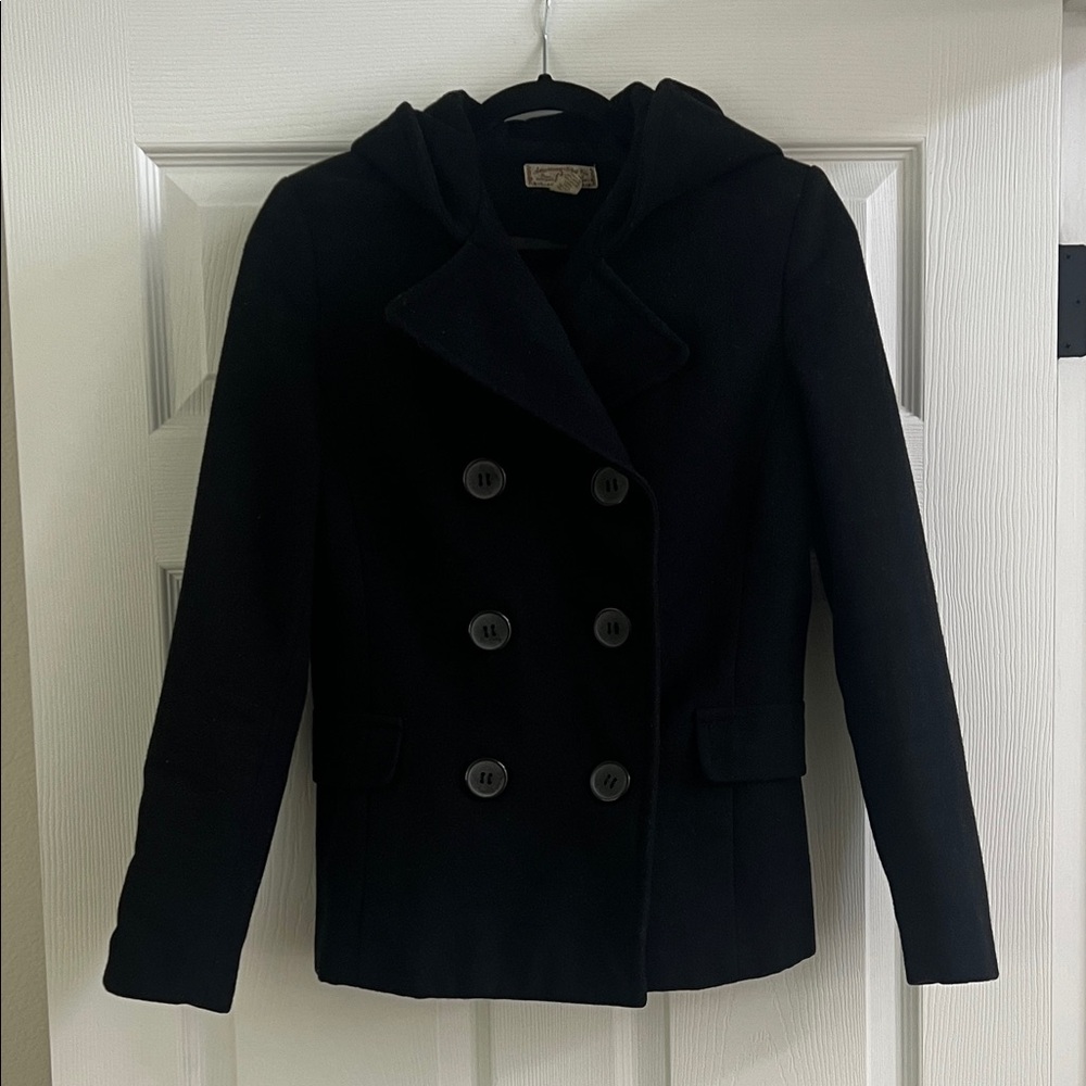 Women's Black Double-Breasted Hooded Peacoat